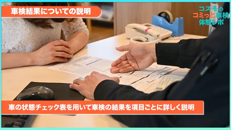 車検結果についての説明　車の状態チェック表を用いて車検の結果を項目ごとに詳しく説明